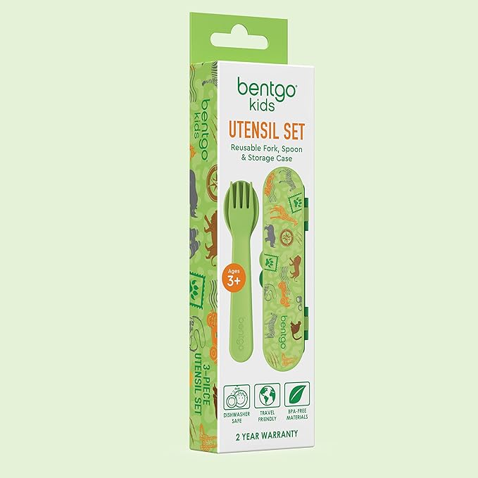 Bentgo Kids Utensil Set - Reusable Plastic Fork, Spoon & Storage Case - BPA-Free Materials, Easy-Grip Handles, Dishwasher Safe - Ideal for School Lunch, Travel, & Outdoors (Safari)