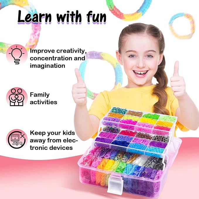 FUNZBO Rubber Band Bracelet Kit - 18000+ 32 Colors Loom Bands Rubberband for Jewelry Making Kits, DIY Arts and Crafts Kit Toy for Toddlers Girls Valentines Day Birthday Gift