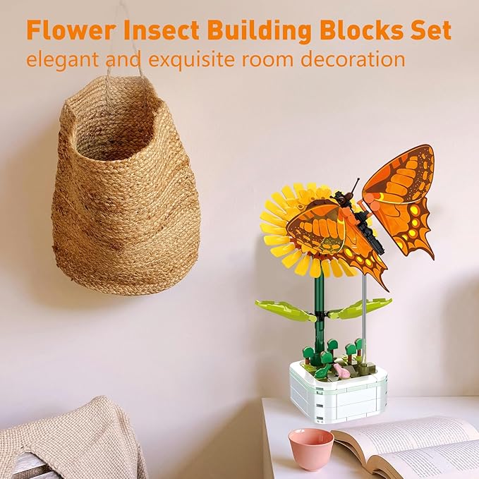 Flower Bouquet Building Set with Base, Flower Building Set Artificial Plant Flowers Building Blocks for Home Office Decor, Birthday Gifts, Desktop Trinkets Age 6+