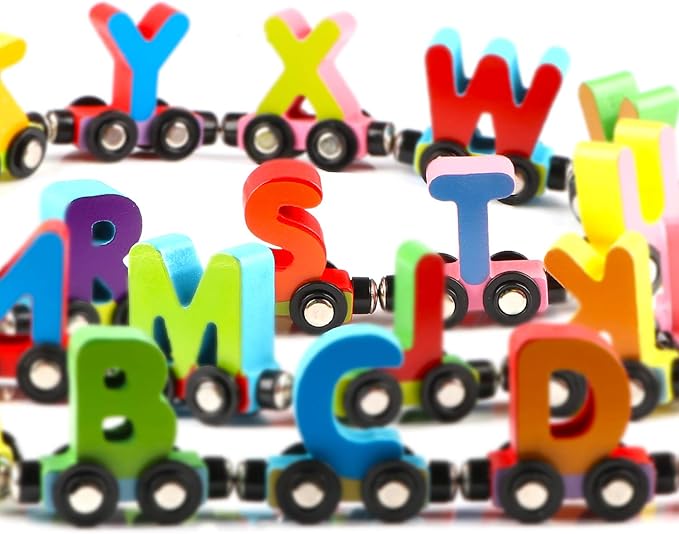 Wondertoys 27 PCS Wooden Alphabet Train Toy Wooden Magnetic Alphabet ABC Train Set Includes 1 Engine Letter Cars for Toddlers Boys and Girls, Compatible with Major Brands Train Set Tracks