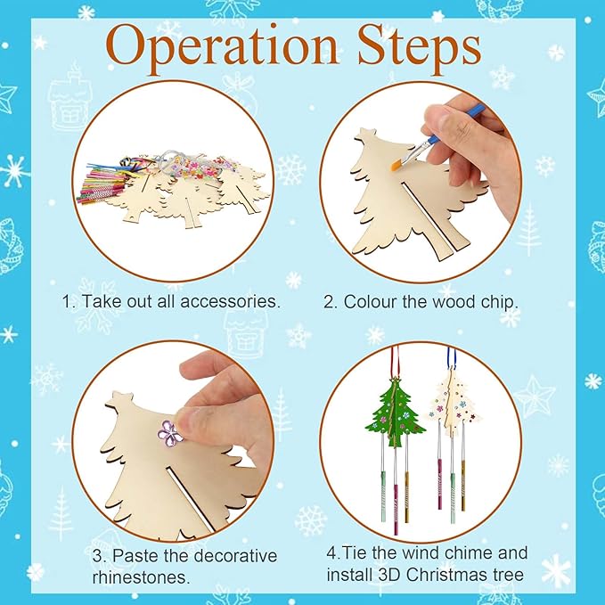 6 Pack Wind Chime Kit for Kids,Christmas Craft Kits DIY 3D Christmas Tree Wind Chime Unfinished Wooden Xmas Tree Ornaments for Boys Girls Activity Art Project Decor