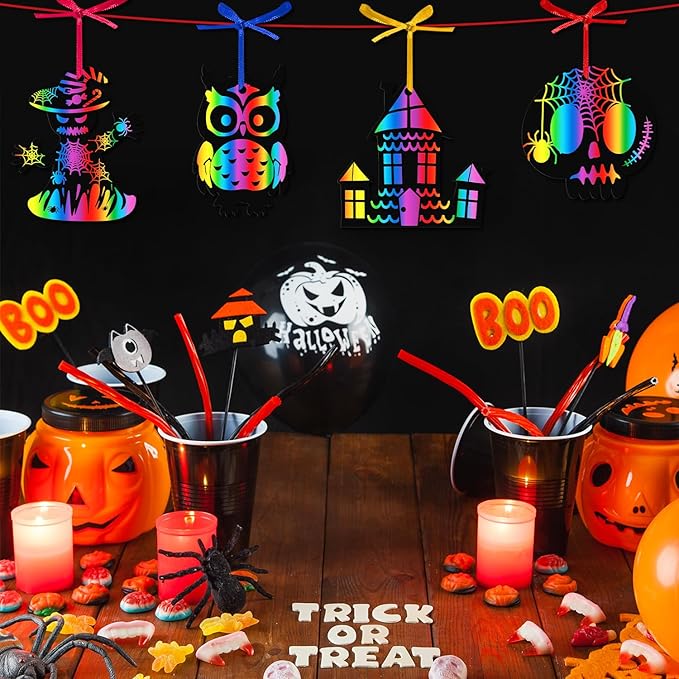 PARTYWIND Magic Halloween Crafts for Kids Activities, 60 PCS Scratch Paper Art for Halloween Hanging Decorations Ornaments, Scratch Off Cards with Pumpkin/Zombie/Bat, DIY Party Supplies Favors