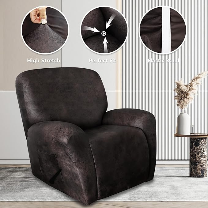 Leather Look Oversize Recliner Chair Covers, Thick 4 Pieces Lazy Boy Recliner Covers for Recliner Chair, Leather Cover for Recliner Slipcovers for Pets Kids(X-Large, Black Coffee)