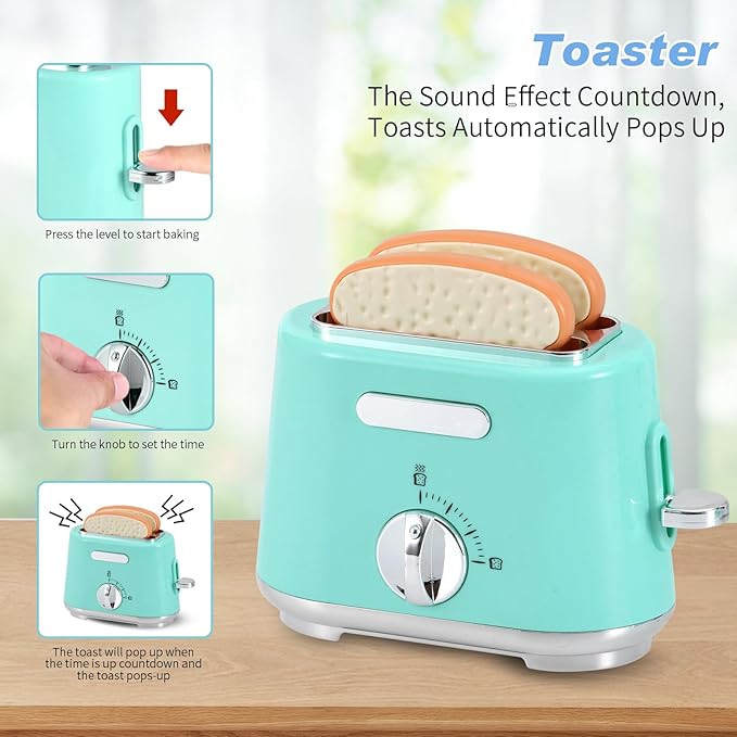 Ehome Kitchen Appliances Toys, Play Kitchen Accessories Set, Pretend Kitchen Toys with Coffee Maker, Mixer, Toaster with Realistic Lights & Sounds, Kids Kitchen Playset for Girls Boys Ages 3-8
