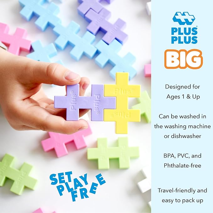PLUS PLUS Big - Open Play Set - 100 Piece - Pastel Color Mix, Construction Building Stem/Steam Toy, Interlocking Large Puzzle Blocks for Toddlers and Preschool