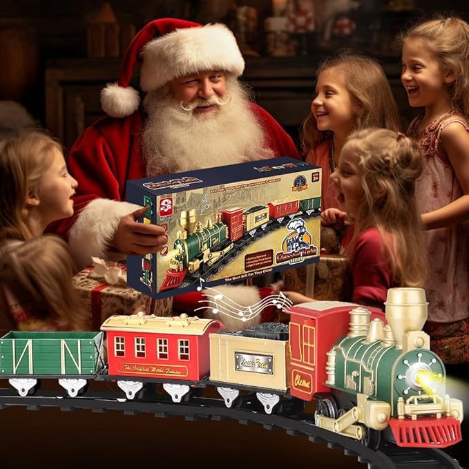 Train Set - Electric Train Toys, Toddler Train w/Light and Sounds (ON/Off), Classical Train Sets for Boys w/Locomotive, Carriages and Tracks, Christmas Toy Train Gifts for 3-10 Year Old Kids