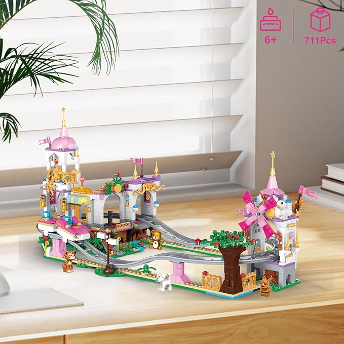 711 Piece Friends Roller Coaster Building Set,Girls Creative Amusement Park Building Kit,STEM Princess Castle | Pink Playground Park Model Building Toy,Christmas Birthday Gift for Girls Age 6+