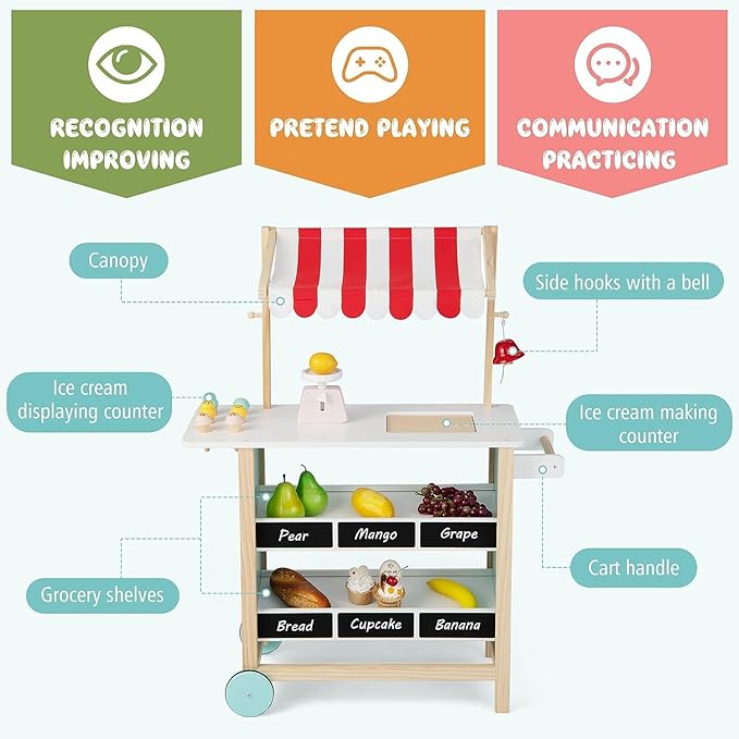 Fireflowery Kids Grocery Store Pretend Play, Wooden Ice Cream Cart w/ 6 Pieces Play Food, Bell, Scale, Toy Grocery Store Playset, Play Store for Kids, Toddlers, Boys, Girls Age 3+