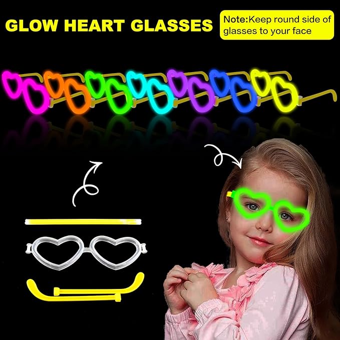 20 Pack Valentines Day Glow Heart Glasses Party Favor Supplies with 80 Glow Sticks & Connectors (for 20 Neon Glasses, 40 Bracelets or 13 Necklaces), Glow in Dark Accessories for Wedding Dance Camping