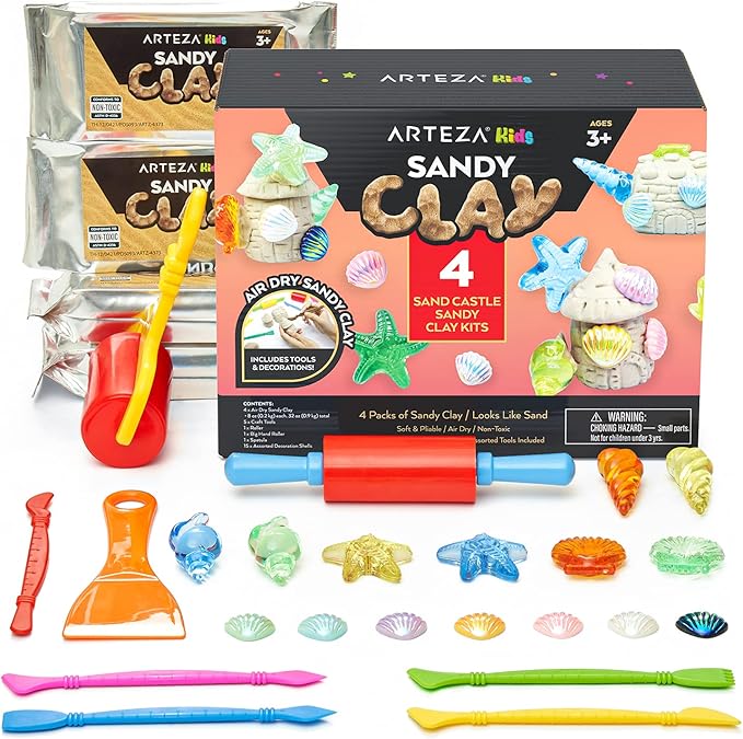 Arteza Kids Air Dry Modeling Clay Kit, 4 x 8-oz Packs Sensory Play Sand, 8 Sandy Clay Tools, 15 Decoration Shells, Art and Craft Supplies for Kids, Sand Castle Building, Birthday Gifts