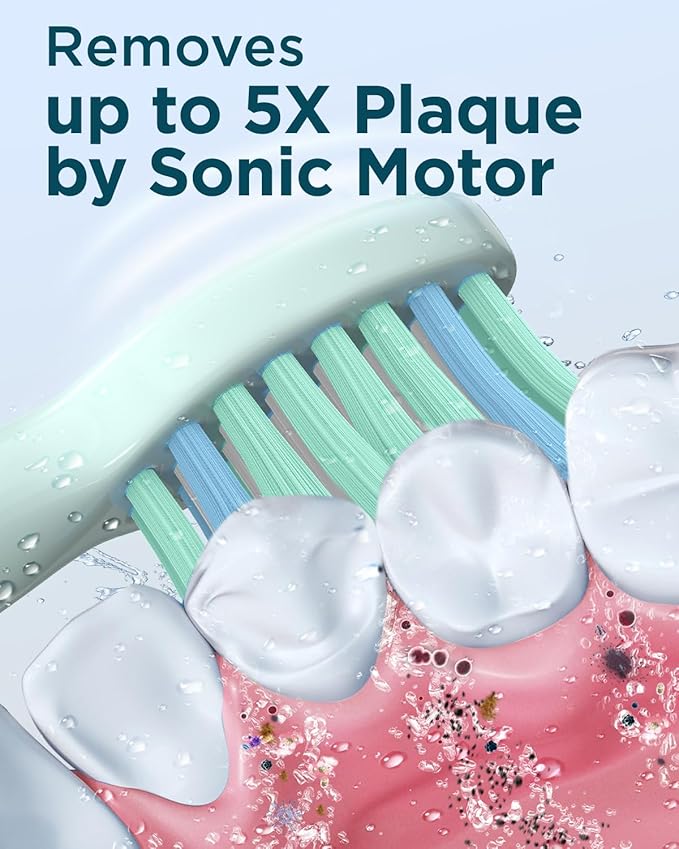 Rtauys M5 Sonic Electric Toothbrush for Adults and Kids - Rechargeable Electric Toothbrush Kids Ages 12+ and Adults with 8 Brush Heads & Travel Case, 120 Days Battery Life - Light Green