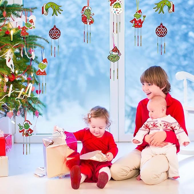 9 Pack Wind Chime Kit for Kids,Christmas Craft Kits DIY Grinch Wind Chime Unfinished Wooden Grinch Ornaments for Boys Girls Activity Art Project Christmas Tree Decoration