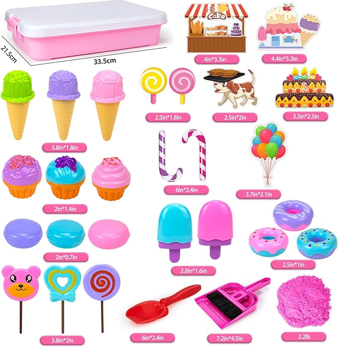 Hymaz Ice Cream Sensory Bin, 32 pcs Pink Sensory Bins for Kids 5-7, Kids Play Sand for Sandbox Toys, Sandbox with lid, Ice Cream & Cakecup, Kid Sensory Sand kit Birthday Gift for Toddler Age 3-8