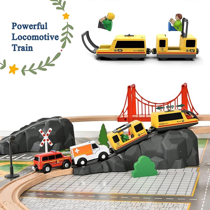 Giant bean 72PCS Fire Station Wooden Train Tracks & Train Set, Gift Packed Toy Railway Kits for Kids, Toddler Boys and Girls 3,4,5 Years Old and Up, Christmas Birthday Gift Toy for Kids