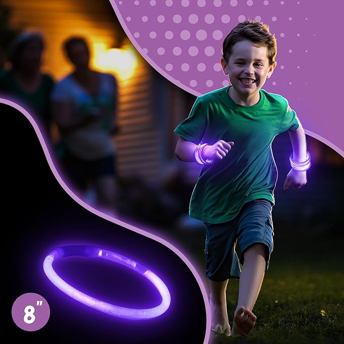 8" Glow Stick Bracelets - Bulk 50 Pack for Mardi Gras, St. Patrick's Day, and Nighttime Celebrations - Purple