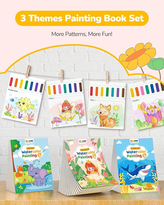 TECJOE 3 Pack Paint with Water Coloring Books for Toddlers, Watercolor Paint Set with 6 Brushes, Painting Activity for Kids Ages 4 5 6 7 8, Christmas Gift Arts & Crafts Toy, Princess, Forest & Sea
