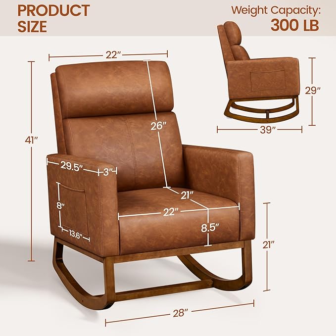 Yaheetech Rocking Chair, Leather Nursery Glider Chair, Upholstered Accent Chair with Rubber Wood Legs and Side Pockets, High Back Armchair for Living Room, Bedroom, Brown