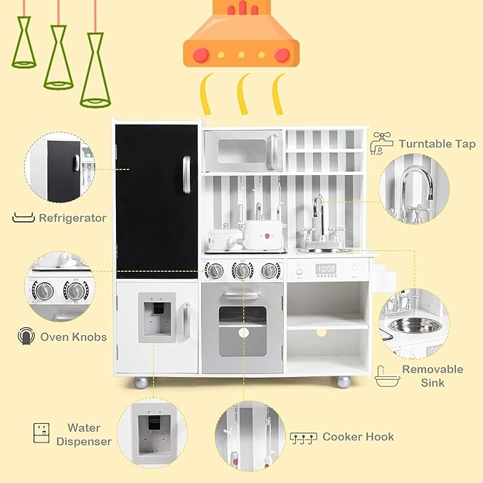 Fireflowery Kids Kitchen Playset, Toddler Kitchen w/Simulated Sound, Accessory Utensils, Blackboard, Sink, Stovetop, Cabinets, Pretend Play Kitchen, Gift for Ages 3+ (Modern)
