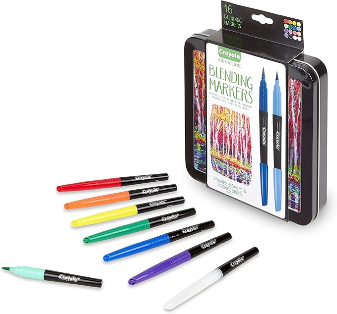 Crayola Blending Marker Kit with Decorative Case, 14 Vibrant Colors & 2 Colorless Blending Markers