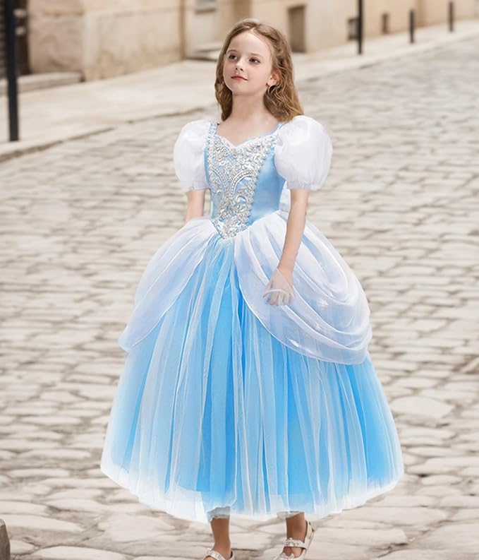 Princess Cinderella Halloween Costume with Accessories for Girls, Birthday Party Cinderella Cosplay Dress Up, Blue