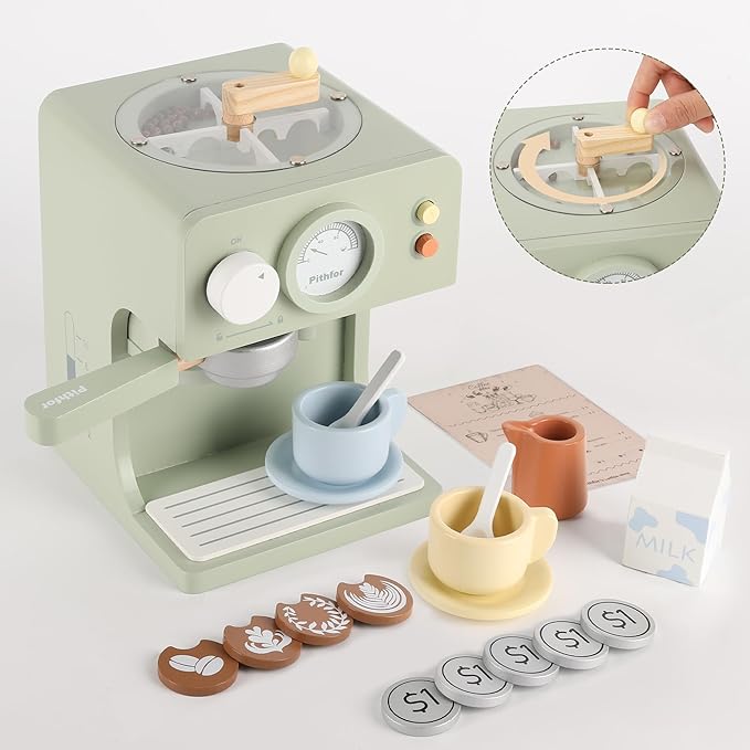 Kids Wooden Coffee Maker Toy with Grinder, Pretend Play Kitchen Appliances & Accessories Toy Gift for Kids Toddlers Boys Girls