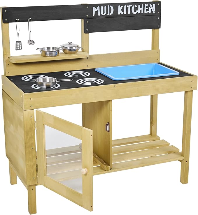 TP Toys, Kids Mud Kitchen | Backyard Kitchen Playset with Pretend Play Kitchen Accessories & Water Pan for Preschool Outdoor Play | for Ages 3-8 | Sustainable Sourcing from FSC Certified Timber.