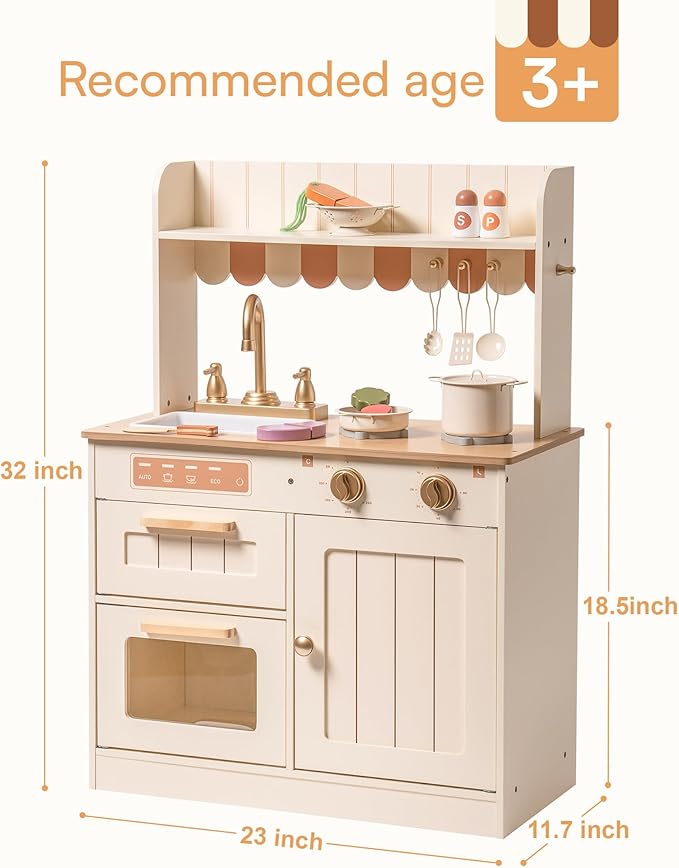 ROBUD Play Kitchen, Wooden Kids Kitchen Playset for Kids with Realistic Design, Sink, Oven, Stove, Cabinet, American Vintage Style, Age 3+