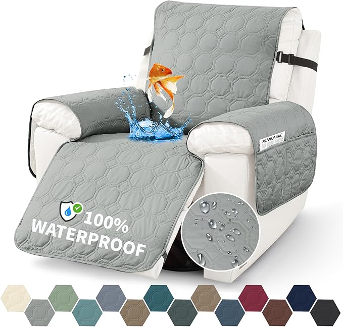 XINEAGE 100% Waterproof Recliner Chair Cover, Non Slip Covers for Recliner Chair with Pocket, Washable Dog Recliner Couch Cover with Elastic Straps (Light Gray, 23.6")