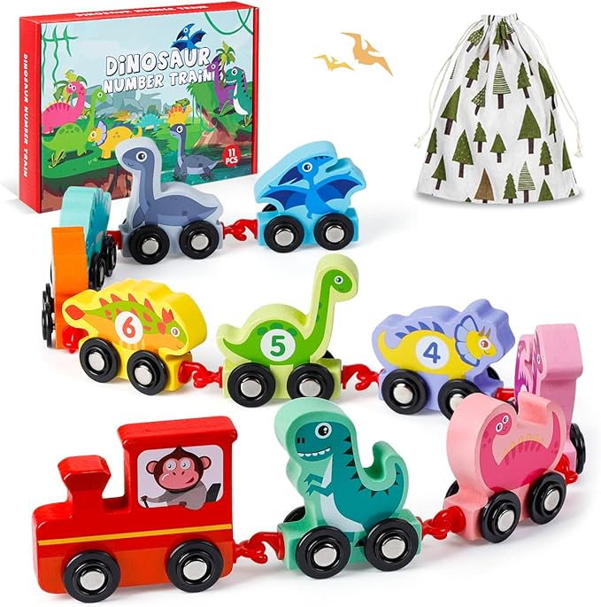 Toddler Toys for 2 Year Old Boy Easter Birthday Gifts, Wooden Dinosaur Train Set Montessori Toys for 2 Year Old, Learning Dinosaur Toys for Kids Ages 2-4 Boys Girls Toddler Toys 2-3