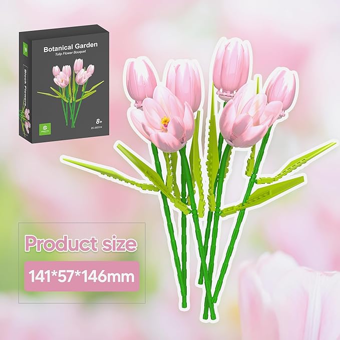 Flower Bouquet Building Toy Set Tulips, Botanical Building Blocks for Adults Home Office Decor Pink Color