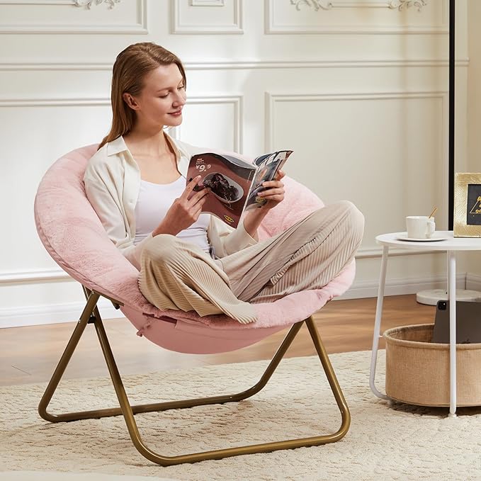 DUMOS Comfy Saucer Chairs, Faux Fur Lounge Bedroom Living Room Flexible Folding Seating for Kids Adults Soft Padded Metal Frame Modern for Home Office Pink