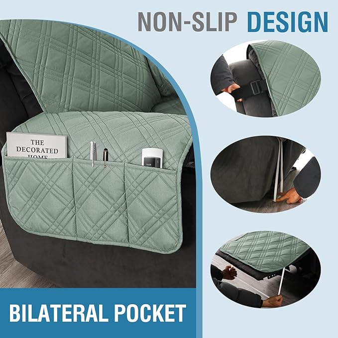 H.VERSAILTEX 100% Waterproof Couch Cover for Reclining Couch Reversible Recliner Covers for Large Recliner with Elastic Straps Sitting Width Up to 28" (Oversized Recliner, Lily Pad/Beige)