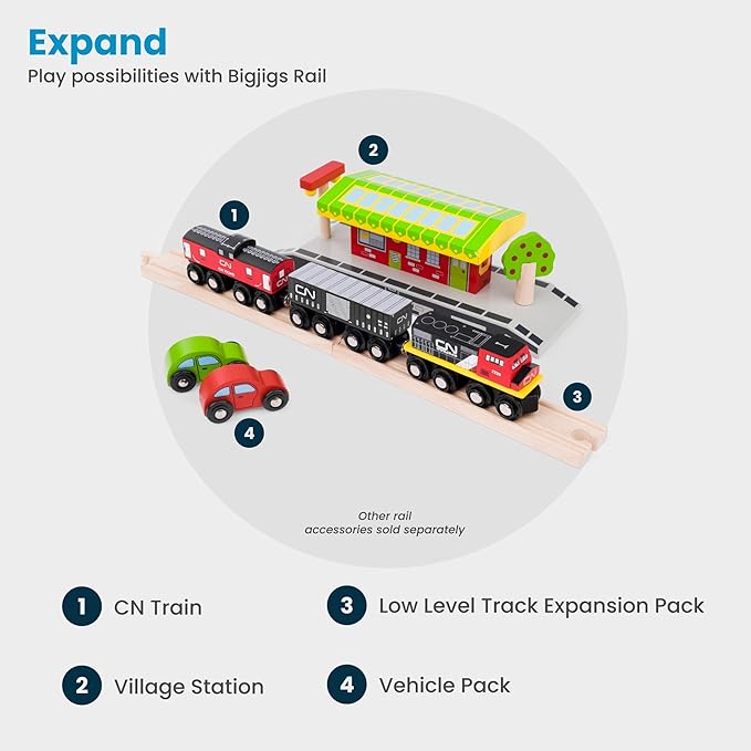 Bigjigs Rail Wooden CN Train - 1 Engine, 2 Carriages & 2 Track Pieces, Kids Train Toy Accessories, Toddler Railway Sets, Trains with Magnetic Couplings, for 3+ Year Old