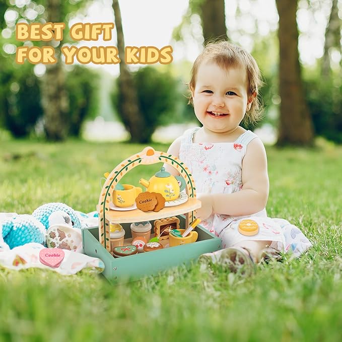 Tea Party Set，Tea Sets for Toddlers 3-5，Kids Tea Set with Dessert Cookies & Cake Stand, Non-Toxic Wooden Tea Party Set，Pretend Play Toys Toddler Tea Set for Girls Birthday Gifts