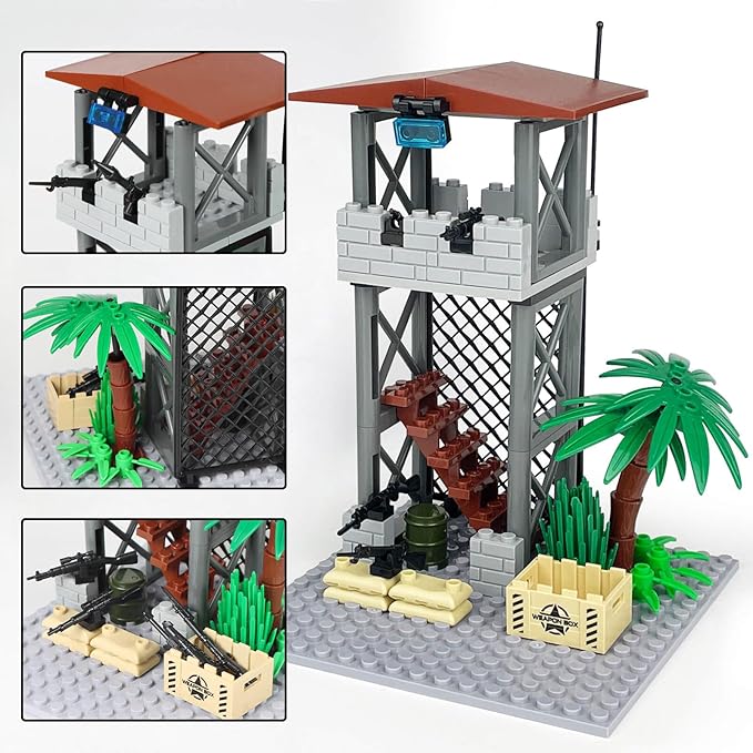 Finger Rock Military Base Building Block Set, WW2 Army Mini War Accessories Kits, Military Ruins Guard Tower Base Guns Army Supplies Block Toy for Kids 8 10 12 14