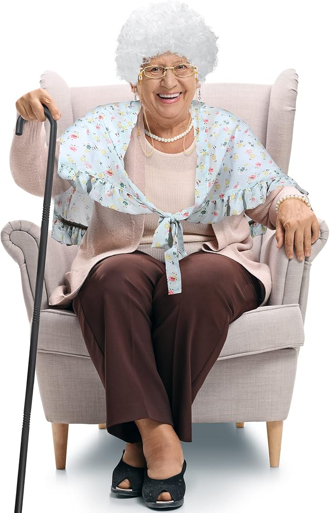 Tatuo 7pcs Halloween Old Lady Costume Granny Wig Shawl Cane Frame Glasses with Chain Pearl Necklace Bracelet Earrings
