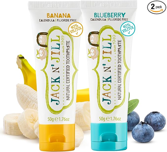 Jack N' Jill Natural Toddler Toothpaste for Baby, Kids and Infants 6 Months & Up, Fluoride Free Training Toothpaste for Toddlers 1-3 (1.76 Fl Oz (Pack of 2), Banana & Blueberry)