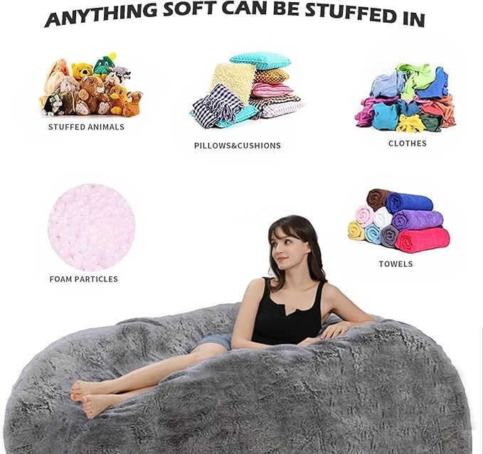 Bean Bag Chair for Adults and Kids Without Filler Soft Oversized Round Cover for Giant Beanbag Chair Lounge Chair Lazy Sofa Stuffed Animal Toyes Storage, 7FT, Lemon Yellow