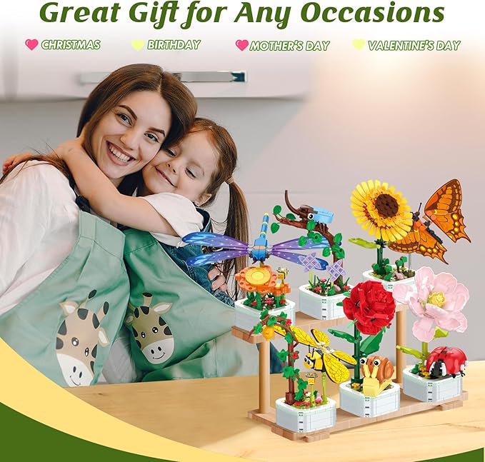 POKONBOY 6 Pack Flowers Building Set, Creative Flower Building Toys Bonsai Building Kits Botanical Collection for Home Room Decor Christmas Birthday Gift for Girls Boys Aged 6 and Up