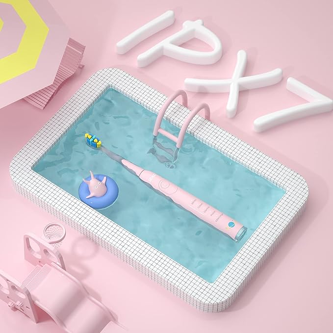 SEAGO Kids Electric Toothbrush, Sonic Soft Bristle Rechargeable Toothbrushes with DIY Stickers, 5 Modes, Includes 4 Replacement Brush Heads, Ages 3 to 12 Years Old (Pink)