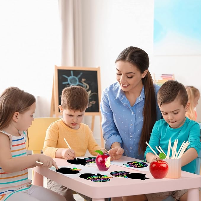 WATINC 60pcs Back to School Scratch Art for Kids, Paper Scratch Off Cards Craft Kit, Fruit Magic Color Art Party Favors, School Classroom Appreciation Activity DIY Project Drawing Paper