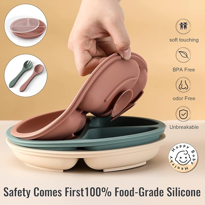 VITEVER 3 Pack Suction Plates with Lids and Utensils for Babies & Toddlers, 100% Food-Grade Silicone, Divided Design, Microwave & Dishwasher Safe