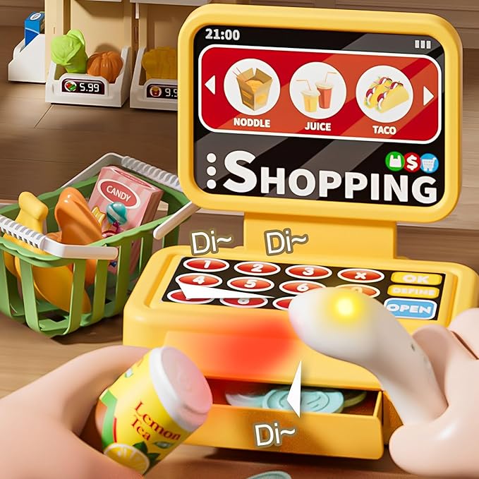 Shopping Supermarket Playset - Kids Grocery Store Pretend Play Toy for Ages 3-8 Girls Boys Unisex Children, Toy Cash Register with Scanner - Role-Playing Toys Fun (Shopping Green)