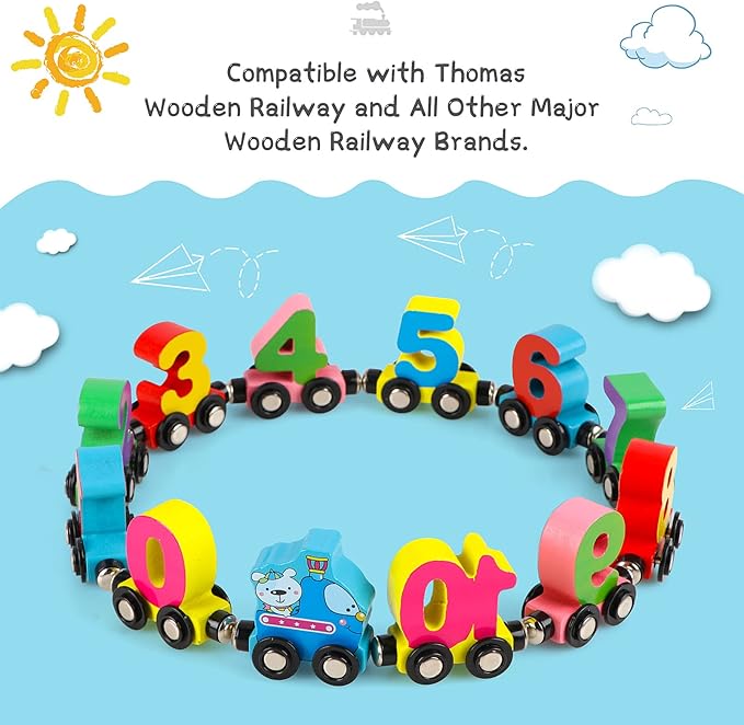 Wondertoys 12 PCS Wooden Train Set Toy Wooden Magnetic Number Train Set Includes 1 Engine Cars for Toddlers Boys and Girls, Compatible with Major Brands Train Set Tracks