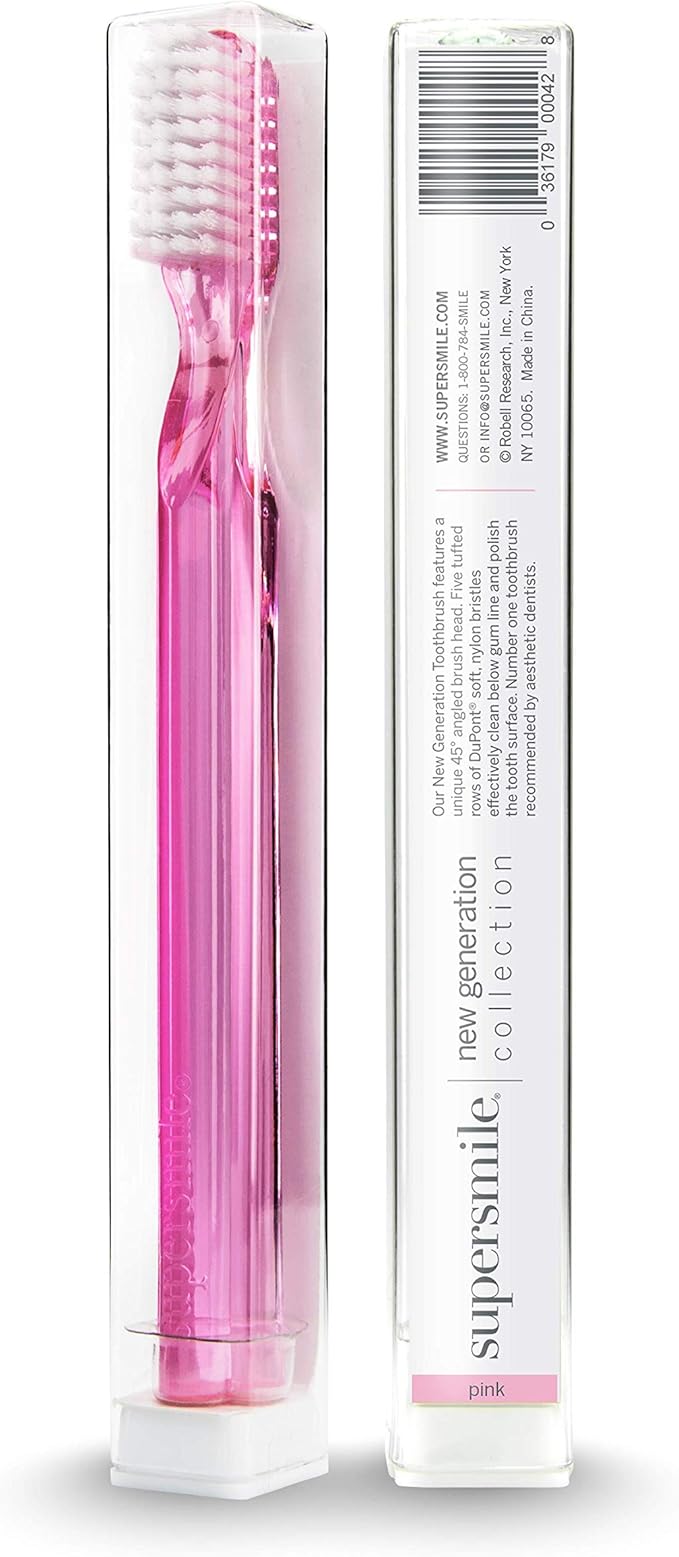 Supersmile New Generation Toothbrush w/Patented 45° Soft Nylon Bristles - Whitening Tooth Brush w/Ergonomic Handle Guarantees ADA Recommended Brushing Angle for Adults & Children (Pink)