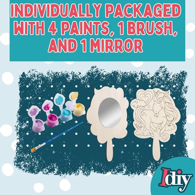 Idiy Paint Your Own Mirror Kids Party Craft Kits(12 Unicorn Friends Wood Mirrors w Paints)-Each Kit Has its Own Brush, Paint, & Project-Fun, Unique Birthday Favors, Classroom School Activity Gift