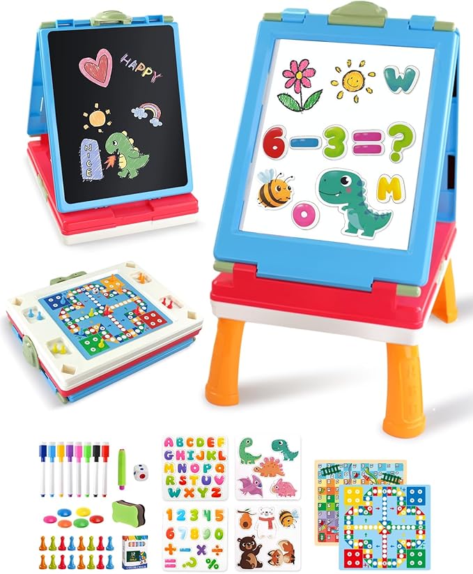 Easel for Kids, 4 in 1 Double Sided Toddler Art Easel with Chalkboard & Magnetic Whiteboard, Foldable Kids Tabletop Easel with Drawing & Writing Accessories - Gift for Boys and Girls (Blue)