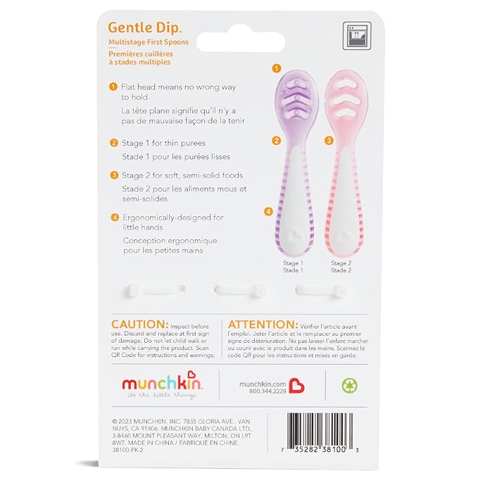 Munchkin® Gentle Dip™ Baby Spoons for Self Feeding and Baby Led Weaning, 3 Pack, Pink/Purple