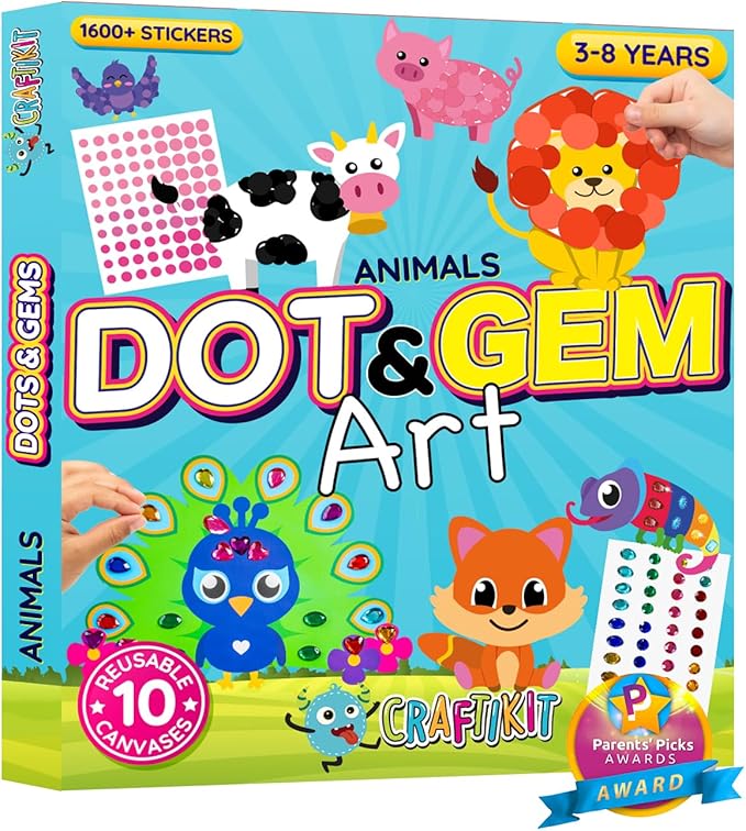 Craftikit® 10 Dot Art & Gem Art Animal Crafts for Kids Ages 3-8 - Kids Gem Painting & Dot It Sticker Art - Arts and Crafts for Kids Ages 4-8