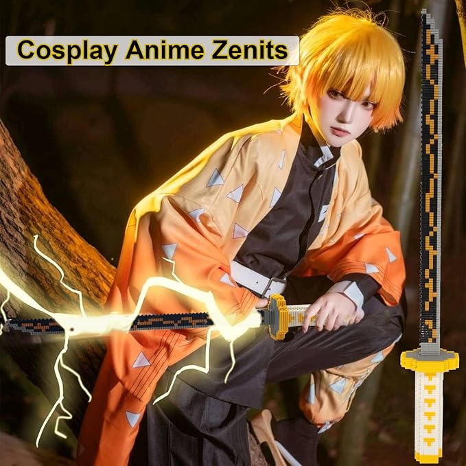 Demon Slayer Sword Building Kit, 19in Cosplay Anime Samurai Zenitsu Sword Building Blocks with Sword Stand, Demon Slayer Katana Sword Model Decor Building Brick Gift for Kid, Adult
